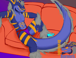 abs absurd_res beard clothing draconic_burners facial_hair fur hi_res horn jockstrap looking_at_viewer male male_only markings seyia sitting slit talons underwear