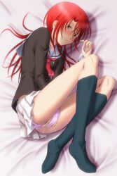 bed_sheet black_shirt black_socks blush bonnie_(rsg) brown_eyes closed_mouth commentary_request female female_masturbation from_above full_body hand_in_panties hino_kahoko knee_socks kneehighs kneesocks la_corda_d'oro long_hair looking_at_viewer lying masturbation miniskirt neckerchief on_side panties pink_panties pleated_skirt pussy_juice red_hair red_neckerchief sailor_collar sailor_shirt school_uniform serafuku shirt skirt smile socks solo underwear white_sailor_collar white_skirt