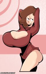 ass big_ass big_breasts bootlegjones bottomless breasts brown_hair cleavage hilda_(series) huge_breasts johanna_(hilda) large_ass large_breasts light-skinned_female light_skin looking_at_viewer milf red_sweater short_hair sweater voluptuous voluptuous_female