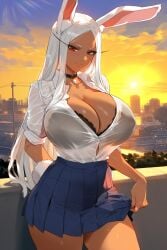 1girls ai_generated bare_legs bare_thighs big_breasts blush bunny_ears bunny_girl clothed clothing color dark-skinned_female dark_skin female female_focus female_only hi_res inviting laino_airt large_breasts long_hair looking_at_viewer miruko my_hero_academia red_eyes rumi_usagiyama school_uniform schoolgirl_uniform solo solo_female tagme thick_thighs white_hair