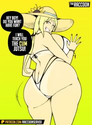 1girls ass ass_cleavage ass_cleavage_tanline big_ass big_breasts bikini blonde_hair breasts bubble_butt busty butt_crack dialogue fat_ass female female_only hat huge_ass huge_breasts large_ass large_breasts looking_at_viewer looking_back naruto naruto_(series) raccoonserver smile solo sun_hat swimsuit talking_to_viewer tanline text thick_ass thick_thighs tsunade wide_hips