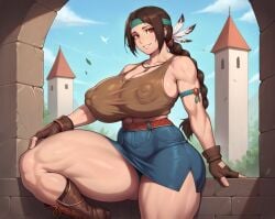 1girls ai_generated big_breasts boots brown_eyes brown_hair curvaceous curvy headband huge_breasts jeans_skirt julia_chang kunaboto_(style) large_breasts light-skinned_female light_skin miniskirt muscular_arms native_american native_american_female nipples_visible_through_clothing ponytail skirt smogai tekken tekken_7 thick thick_thighs voluptuous voluptuous_female