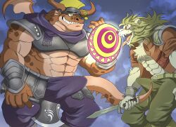 absurd_res anthro bottomwear clothed clothing dragon duo erection erection_under_clothing european_mythology felid grin hi_res horn hypnosis kas20241013 kemono lion male male/male mammal mane melee_weapon mind_control mythological_creature mythological_scalie mythology pantherine pants rape_face scalie sharp_teeth smile sword teeth tenting weapon western_dragon