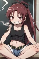 1girls ai_generated angry black_lagoon cosplay female female_focus female_only goodmorningmado long_hair looking_at_viewer magia_record:_mahou_shoujo_madoka_magica_gaiden magical_girl mahou_shoujo_madoka_magica ponytail puella_magi_madoka_magica red_eyes red_hair revy revy_(cosplay) sakura_kyouko smoke solo solo_female solo_focus spread_legs tomboy tsundere very_long_hair young