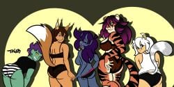 anthro ass ass cat_girl demon_girl fox_girl furry group group_picture kemonomimi lineup multiple_girls original_characters panties spotlight tiger_girl tricktownsend(artist) underwear zombie_girl