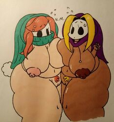 2girls big_belly big_breasts big_nipples chubby drawn jade_the_shygal large_areolae large_ass large_breasts large_nipples larger_female mario_(series) multiple_girls nintendo shy_gal sleepyslut thick_thighs violet_the_shygal