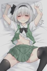 absurdres arms_up bed_sheet black_bow black_bowtie black_hairband black_ribbon black_thighhighs blush bob_cut bow bowtie breasts clenched_teeth closed_eyes closed_mouth clothes_lift commentary feet_out_of_frame female from_above green_skirt green_vest groin hair_ribbon hairband hairbow highres knee_up konpaku_youmu lying navel nightmare no_bra notice_lines on_back on_bed paid_reward_available pillow pleated_skirt raised_eyebrows ribbon shaded_face sheet_grab shirt shirt_lift short_hair short_sleeves skindentation skirt sleeping small_breasts solo spread_legs sweatdrop teeth thighhighs touhou underboob vest white_hair white_shirt youmu-kun youmu_konpaku