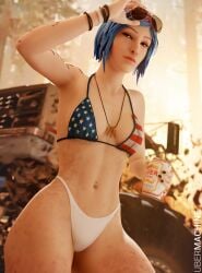 1girls 3d american_flag_bikini armpit aviator_sunglasses beer bikini blue_hair casual chloe_price dirty female female_only full_color life_is_strange looking_at_viewer mud necklace no_penetration no_sex panties solo solo_female tattoo tattooed_arm truck ubermachineworks white_panties