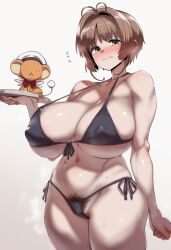 1girls aged_up ai_generated black_bikini blush breasts brown_hair brown_pubic_hair cardcaptor_sakura cowboy_shot curvy curvy_female curvy_figure dreson female huge_breasts human light-skinned_female light_skin pubic_hair sakura_kinomoto short_hair sweat taller_girl thick_thighs voluptuous wide_hips