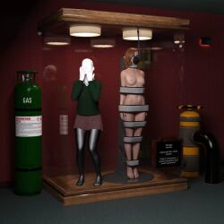 1girls 3d arms_at_sides asleep barefoot bound bound_arms bound_legs bound_neck breasts captured captured_heroine chloroform clothes_removed completely_nude completely_nude_female defeated defeated_heroine display display_case drugged eyes_closed feet forniphilia gas_mask helpless helpless_female human_furniture human_trophy immobile indoors legs_together living_statue living_trophy mannequin name_tag nipples nude nude_female oldmanjaay original original_character overhead_light permanent_bondage plaque pussy_obscured sign solo_female stasis_chamber stationary_restraints stripped stripped_naked suspension suspension_bondage trophy_case unconscious