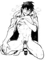 1boy 5000-chou_yen_hoshii_channel! abaraya_seishirou areolae bar_censor blush bottomless breath censored flaccid fur_trim greyscale highres jacket_on_shoulders large_areolae looking_away male_focus male_pubic_hair monochrome nipples open_mouth penis pubic_hair saitoukuniko-3 shirt_lift simple_background smile solo squatting sweat v veins veiny_penis virtual_youtuber white_background