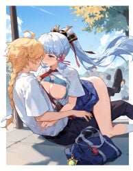 1boy 1girls aether_(genshin_impact) ai_generated big_breasts genshin_impact kamisato_ayaka long_hair mihoyo pleasure_face school_uniform sex straight tommy_(artist)