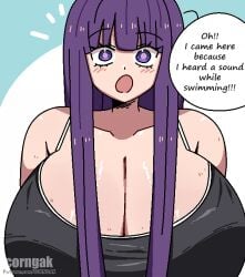 1girls :o artist_name bangs big_breasts breasts cleavage corngak english_text fern_(sousou_no_frieren) huge_breasts light-skinned_female long_hair open_mouth patreon_link patreon_url patreon_username purple_eyes purple_hair solo solo_female sousou_no_frieren swimsuit text text_bubble watermark