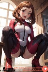 1girls ai_generated blush bodysuit boku_no_hero_academia brown_hair cameltoe commission female female_only happy hero_outfit_(mha) heroine looking_at_viewer looking_down my_hero_academia ochako_uraraka ochako_uraraka_(hero_outfit) patreon patreon_username short_hair sitting smile smiling squatting sultryspark