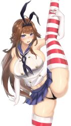 big_breasts breasts brown_hair bunny_ears female female female_only heart-shaped_pupils hi_res high_resolution kantai_collection kongou_(kantai_collection) legs_up long_hair looking_at_viewer panties pink_eyes school_uniform skirt_lift