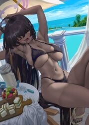 absurdres b-pang bare_shoulders bikini black_hair blue_archive blush breasts cleavage dark-skinned_female dark_skin female halo highres karin_(blue_archive) large_breasts long_hair navel one_eye_closed open_mouth swimsuit thighs very_long_hair yellow_eyes