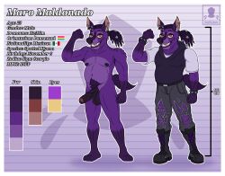 anthro balls big_balls border canid canine darkmaro_(artist) digital_media_(artwork) dreadlocks ear_piercing english_text fur genitals goth hi_res humanoid_genitalia humanoid_penis hyena male mammal maro_(darkmaro) model_sheet nipples nude penis piercing purple_body purple_eyes purple_fur saggy_balls simple_background smile solo spotted_hyena standing tail text