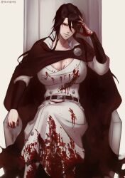 1girls 50x48x48 big_breasts black_hair bleach bleach:_the_thousand-year_blood_war blood blood_stain cape cleavage crossed_legs genderswap_(mtf) gilf long_hair milf red_eyes rule_63 sitting yhwach