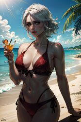 ai_generated beach bloodredkittie breasts ciri female green_eyes light-skinned_female mascara scar solo swimsuit the_witcher_(series) the_witcher_3:_wild_hunt white_hair