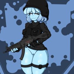 blue_eyes blue_slime felestell firearm gun helmet military military_uniform partially_clothed police police_uniform pussy short_hair slime slime_girl smile smiling smug swat tactical_gear