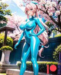 ai_generated bodysuit breasts female kuriboh_ex_(artist) latex latex_suit oppai pink_hair rubber rubber_suit turquoise_eyes