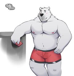 2019 anthro belly black_nose blush bodily_fluids bulge clothing cum erection erection_under_clothing fur genital_fluids hi_res humanoid_hands kajin-sama male male_only mammal moobs navel nipples polar_bear solo underwear ursid ursine white_body white_fur