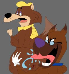 anthro beret big_ass big_breasts big_butt blastprocessing16 brown_fur canid canine canis cartoony evil_smile eyebrows eyelashes gloves great_dane hanna-barbera hbo_max hi_res jellystone_(hbo_max) loopy_(loopy_de_loop) loopy_de_loop mammal open_mouth original_character rimming rule_63 scarf tail teeth vagina wolf yellow_scarf
