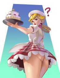 1girls ass bare_arms bare_ass big_ass blonde_hair blue_eyes bottomless braid cake clothing female female_focus female_only food hair_rings hat lewdybug looking_at_viewer looking_back mario_(series) patissiere_peach png princess_peach princess_peach:_showtime! self_upload solo super_star_(mario) tied_hair upskirt