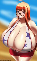 1girls atlus beach breasts breasts_bigger_than_head bursting_breasts cleavage female glasses hi_res huge_breasts hyper_breasts long_hair looking_at_viewer mewmaster93 orange_hair persona persona_5 sakura_futaba smile solo_female tagme