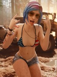 1girls 3d american_flag_bikini aviator_sunglasses bikini black_nails blue_hair brown-tinted_eyewear casual chloe_price denim_shorts dirty female female_only fingernails full_color life_is_strange looking_at_viewer mud mud_girl_(gta_vi) nail_polish necklace no_penetration no_sex panties sign_of_the_horns solo solo_female sunglasses tattoo tattooed_arm tinted_eyewear tongue_out truck ubermachineworks white_panties