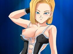 android_18 arms_behind_head big_breasts dragon_ball dragon_ball_fighterz dragon_ball_super dragon_ball_z earrings maid_uniform nipple_bulge nipples one_breast_out trinitron_cg