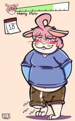 absurd_res anthro aroused belly edging edging_meter hi_res humanoid joshie_(calahootheyeen) lagomorph leporid male mammal meme no_nut_november rabbit salsa_squad slightly_chubby slightly_chubby_male solo