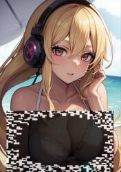ai_generated beach blonde_hair female flushed_face hand_in_hair headphones highres large_hair medium_breasts optical_illusion parasol shake_your_screen small_mouth solo solo_female yellow_eyes