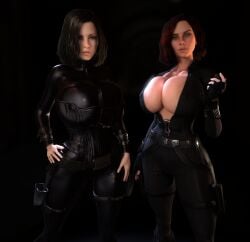 2girls 3d 3d_(artwork) alternate_breast_size areola_slip areolae areolae_slip black_bodysuit black_hair black_widow_(marvel) bodysuit breasts_bigger_than_head clothed clothed_female crossover female female_only fingerless_gloves fully_clothed gigantic_breasts gloves green_eyes hand_on_hip hand_on_own_hip hourglass_figure huge_breasts human human_female kate_beckinsale looking_at_viewer marvel marvel_cinematic_universe natasha_romanoff open_clothes red_hair scarlett_johansson selene_(underworld) skin_tight slim_waist small_waist thick_thighs thighs thin_waist tight_clothing top_heavy top_heavy_breasts underworld unzipped unzipped_bodysuit upper_body vaako vampire vampire_girl wasp_waist wide_hips