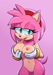 1girls amy_rose anthro ari_dibujitos breasts cupping_breasts holding_breast holding_breasts licking_own_nipple looking_at_viewer mobian_(species) naked nipples nude nude_female open_mouth self_breast_sucking solo sonic_(series) sonic_the_hedgehog_(series) tongue tongue_out