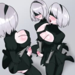 3futas big_breasts big_penis blindfold blush breasts clone clones clothed clothing erect_penis erection futa_focus futa_on_futa futa_only futanari hairband handjob human kneeling light-skinned_futanari light_skin mostly_clothed nier nier:_automata penis selfcest shaii64 short_hair sitting white_background white_hair yorha_2b