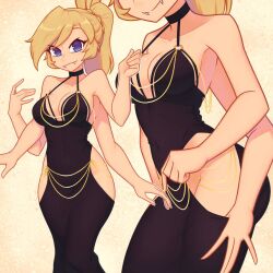 4_arms black_dress blonde_hair blue_eyes clothing_cutout dress fangs gold_chain gold_necklace medium_breasts meme meme_attire modakawa_dress nelly ponytail tease xyroni