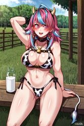 1girls ai_generated big_breasts breasts cow_bikini cow_girl emikukis latam_virtual_youtuber milk multicolored_hair thighs virtual_youtuber vtuber