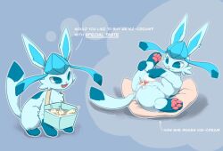 color duplicate eeveelution english_text female feral food food_fetish generation_4_pokemon genitals glaceon maoegou nintendo pokemon pokemon_(species) pussy solo text vaginal_penetration