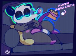 2024 american_opossum anthro balls belly_nipples black_body black_fur chip_bag chips_(food) controller flaccid food fur furniture gaming genitals glowing glowing_eyes hi_res holding_bag looking_bored male mammal marsupial nude penis pink_nose playing_videogame sofa solo tail_holding_object text white_body white_fur yipyapossum