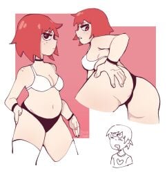 1boy 1girls anus_peek back_view biggubamu black_panties drooling female freckles freckles_on_face freckles_on_shoulders kim_pine legwear looking_back male panties red_eyes red_hair scott_pilgrim scott_w_pilgrim short_hair stockings thighhighs underwear white_bra white_legwear