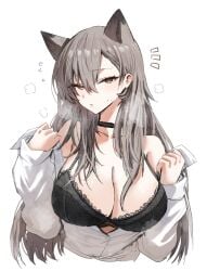 1girls 2024 animal_ears arknights black_bra black_choker bra breasts choker cleavage extra_ears female grey_hair heavy_breathing hi_res horn/wood large_breasts light-skinned_female light_skin long_hair long_sleeves looking_at_viewer mole_above_eye partially_unbuttoned penance_(arknights) puffy_long_sleeves puffy_sleeves shirt simple_background sleeves_past_wrists solo tail underwear upper_body white_background white_shirt wolf_ears wolf_tail yellow_eyes