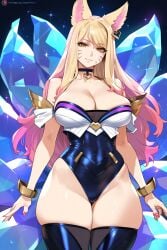 1girls ahri ai_generated bare_arms bare_legs bare_shoulders bare_thighs big_breasts blonde_hair clothed clothing color female female_focus female_only fox fox_ears fox_girl fox_tail hi_res k/da_ahri k/da_series laino_airt large_breasts league_of_legends light-skinned_female light_skin long_hair looking_at_viewer solo solo_female tagme thick_thighs yellow_eyes