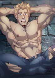 1boy armpit_hair blonde_hair blue_eyes bulge hands_behind_head jack_morrison male male_only overwatch overwatch_2 scars shirtless sitting soldier_76