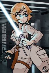 artist_name background blonde_hair blue_eyes blue_light blue_lightsaber blue_nails breasts cleavage clothed clothed_female clothing death_star eyelashes female female_only front_view fully_clothed genderswap gun hair hallway holding_gun holding_sword holding_weapon human human_only indoors jennlumm jumpsuit laser light-skinned_female light_skin lightsaber looking_back luke_skywalker makeup mascara medium_breasts melee_weapon nail_polish open_clothes open_jumpsuit parted_lips pistol ranged_weapon reflection reflective_floor rule_63 sad scared science_fiction screenshot_background short_hair solo sooo standing star_wars sword teeth teeth_clenched the_empire_strikes_back thin_female weapon white_light white_lightsaber zipper