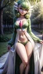 1girls ai_generated blush cleavage clothing cortezian_generations curvy dress female female_only forest gardevoir generation_3_pokemon green_hair hi_res medium_breasts nintendo panties patreon pokemon pokemon_(species) pokephilia short_hair smile solo thick_thighs thighs underwear white_dress