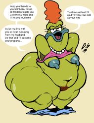 amphibian angry_eyes annoyed anthro armpit_hair ass bev_bighead big_butt body_hair dialogue dickergazer english_text female frog hi_res huge_butt mature_anthro mature_female morbidly_obese nickelodeon overweight overweight_anthro overweight_female pubes rocko's_modern_life solo solo_focus speech_bubble text thick_thighs toad_(frog)