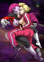 2girls alien_girl android_18 blonde_hair blue_eyes breasts_exposed breasts_out catfight cocotte dbart+18 dragon_ball dragon_ball_super dragon_ball_z earrings fighting grabbing_face green_eyes interspecies kissing multiple_girls pink_hair ripped_clothing saliva sexfight yuri