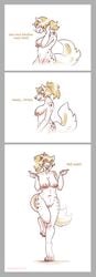 anthro blush breasts comic dialogue digitigrade female hair hi_res hyaenid mammal nipples nude ponytail post_transformation pussy simple_background smile solo strawberrytfs transformation underbite white_background