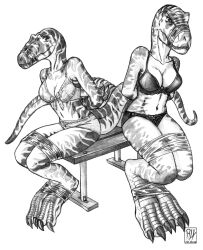 2girls anthrosaurs arms_behind_back black_and_white black_bra black_panties bondage bound bound_feet bound_legs bound_wrists bra dinosaur dinosaur_girl panties predaguy scalie taped_mouth underwear